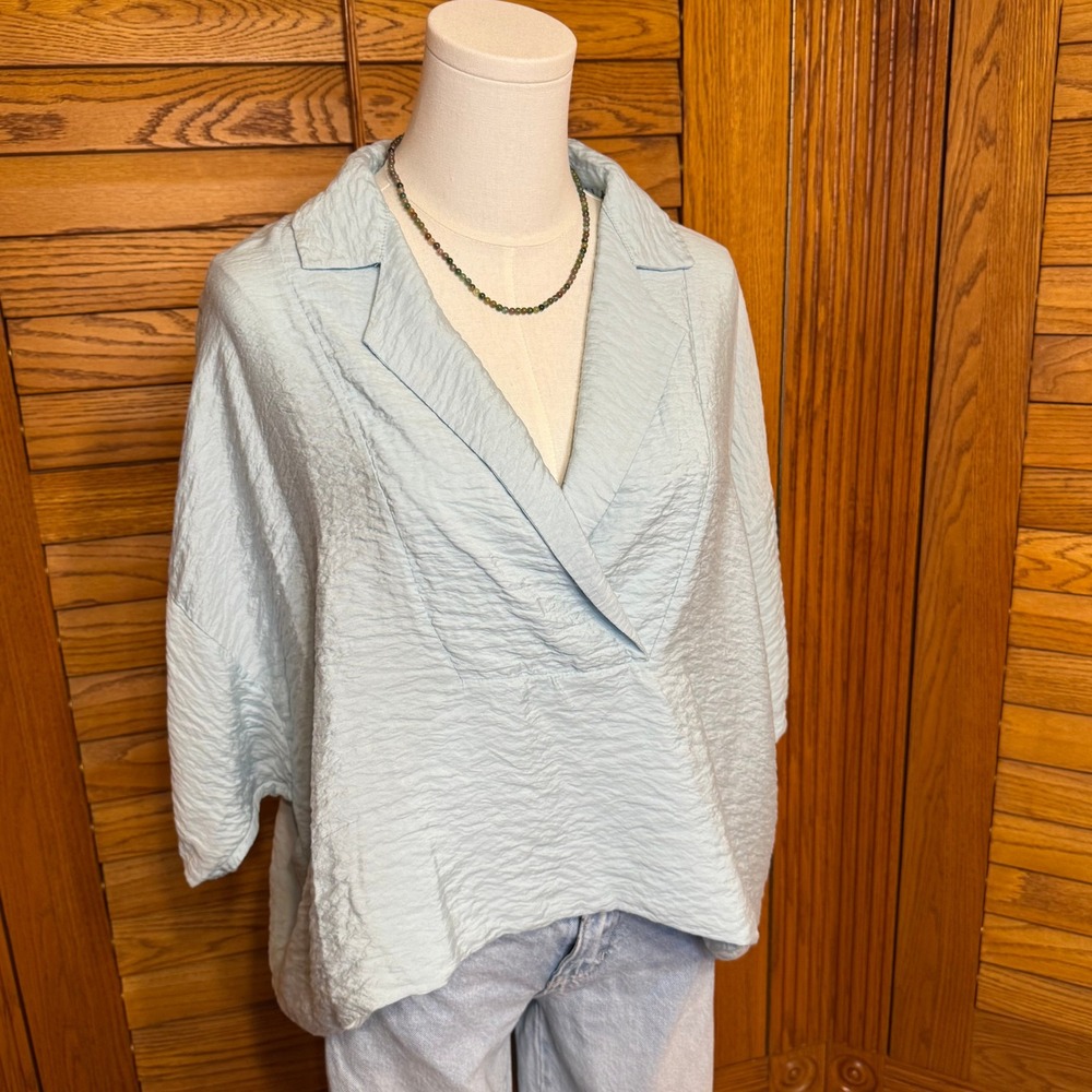 Anthropologie Light Blue Textured Crossover V-Neck Blouse Top Small